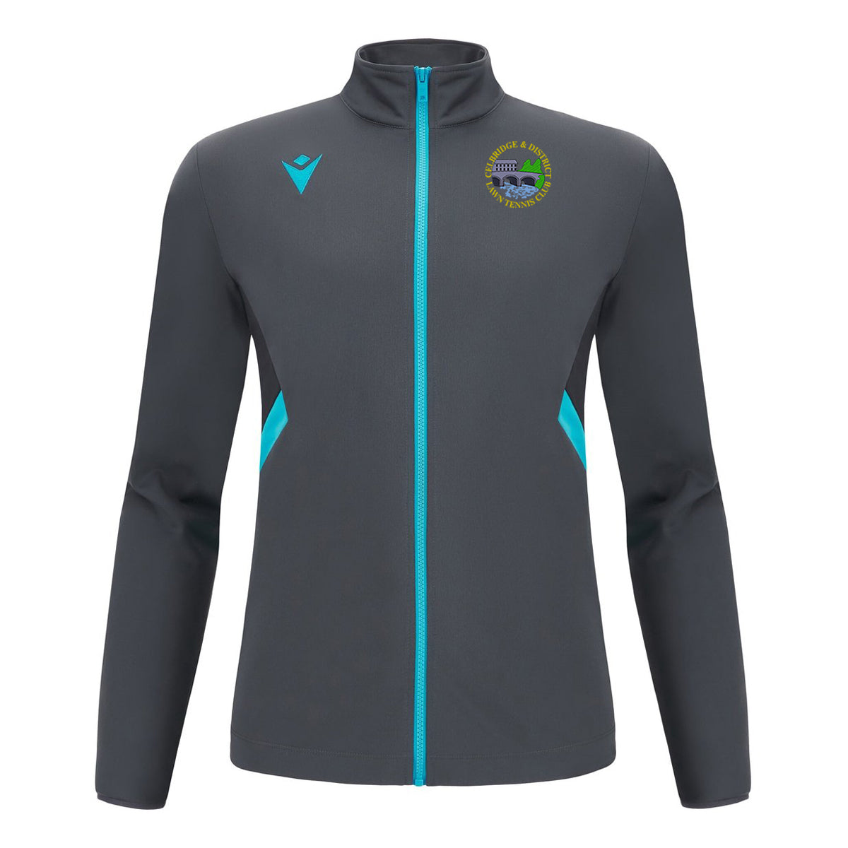 A photo of the Celbridge Tennis Club 'Raijin' Full Zip in colour Anthracite/Neon Sky with club crest on left chest. Front view.