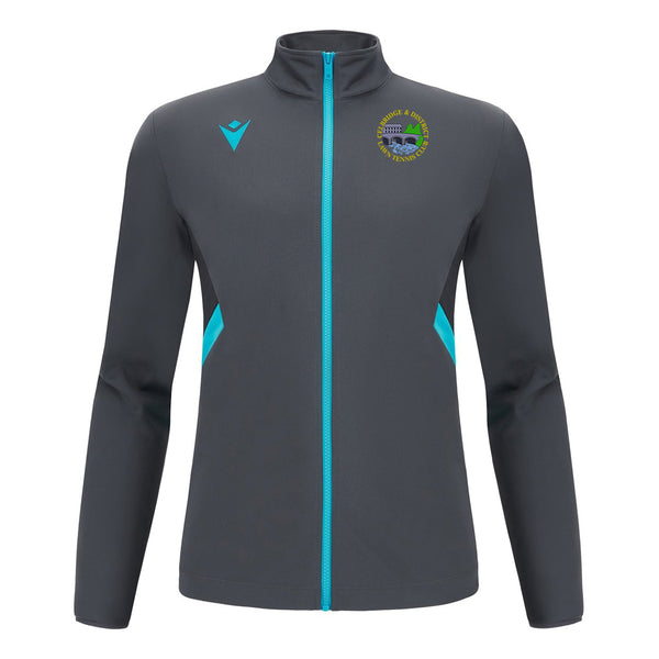 A photo of the Celbridge Tennis Club 'Raijin' Full Zip in colour Anthracite/Neon Sky with club crest on left chest. Front view.
