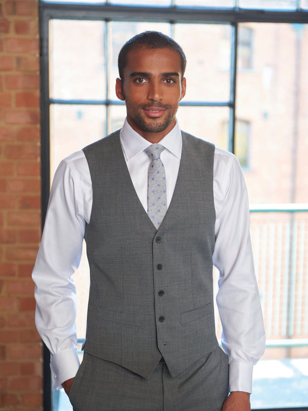 Model wearing Brook Taverner Busso Mens Waistcoat in Light Grey