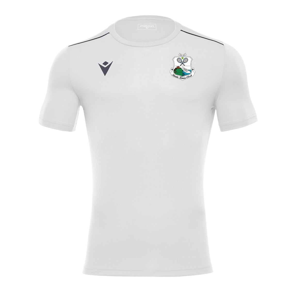 A photo of the Moate Tennis Club 'Rigel Hero' T-Shirt in White with printed club crest on left chest. Front View.