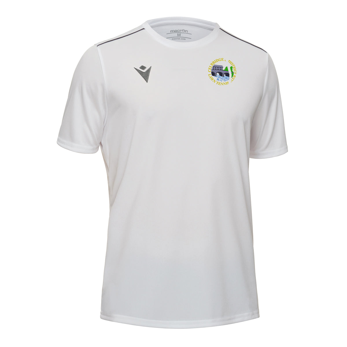 A photo of the Celbridge Tennis Club 'Rigel Hero' T-Shirt in White, with club crest on left chest. Side view.
