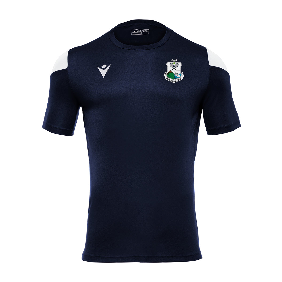 A photo of the Moate Tennis Club Polis' T-Shirt in Navy with embroidered club crest on left chest. Front view.