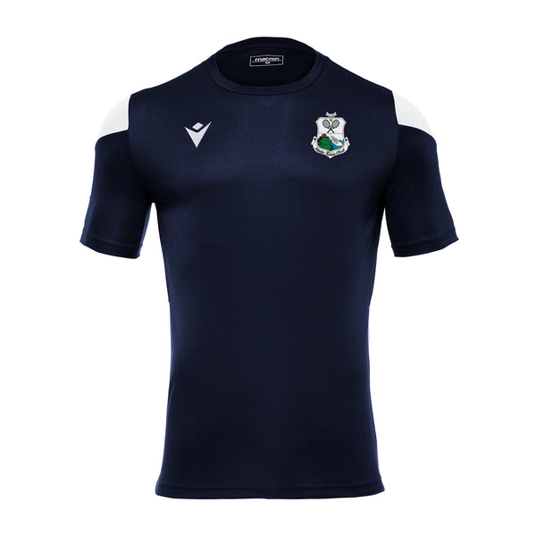 A photo of the Moate Tennis Club Polis' T-Shirt in Navy with embroidered club crest on left chest. Front view.