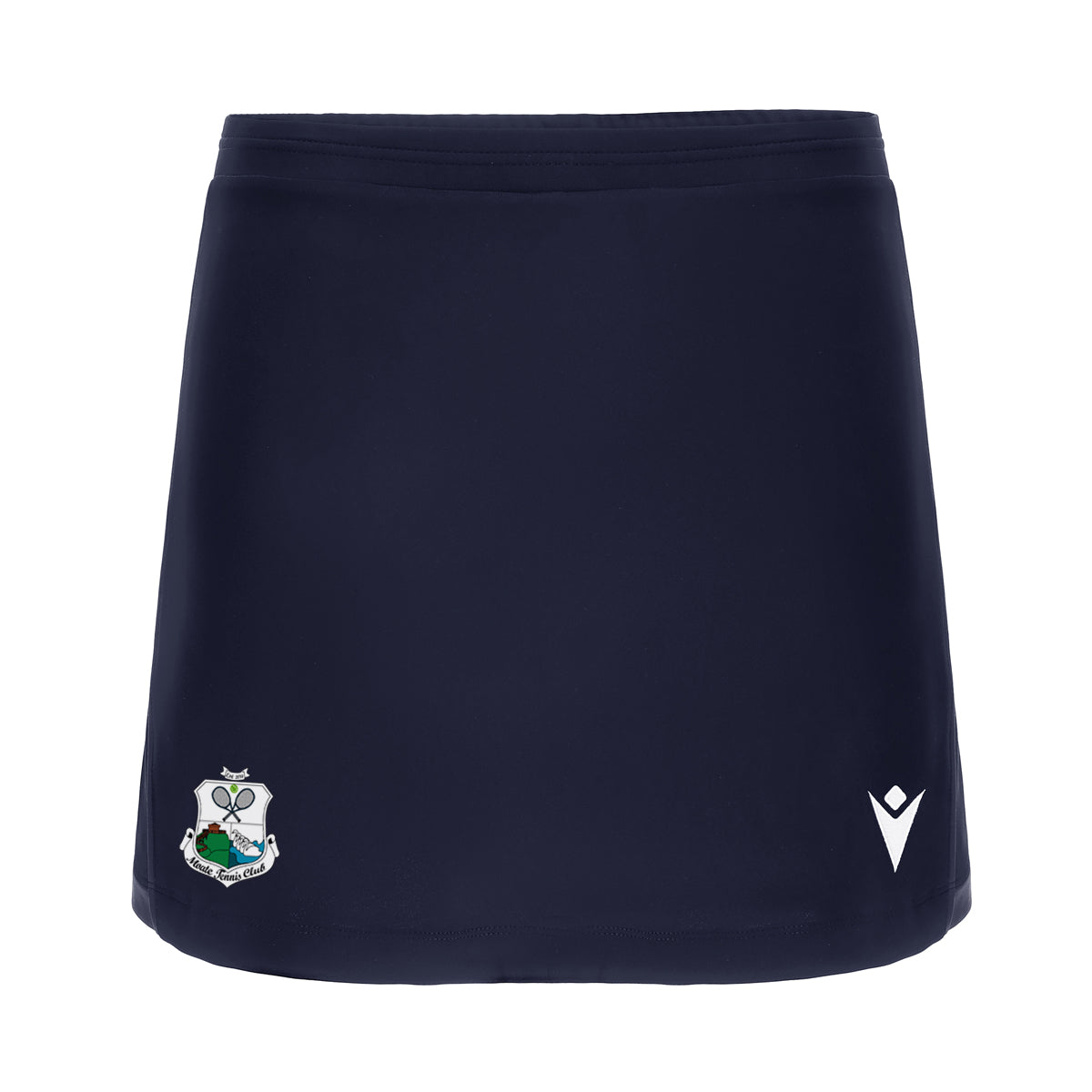 A photo of the Moate Tennis Club 'Inuit' Skort in Navy with printed club crest on right leg.  Front view.