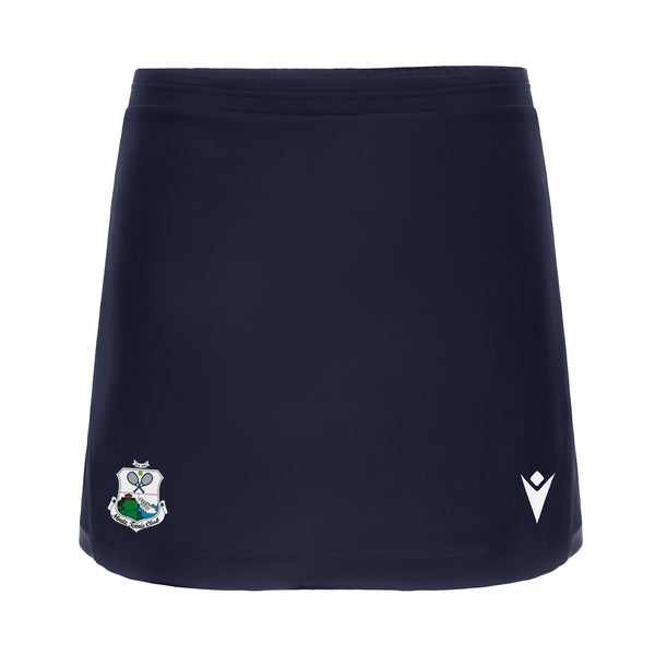 A photo of the Moate Tennis Club 'Inuit' Skort in Navy with printed club crest on right leg.  Front view.