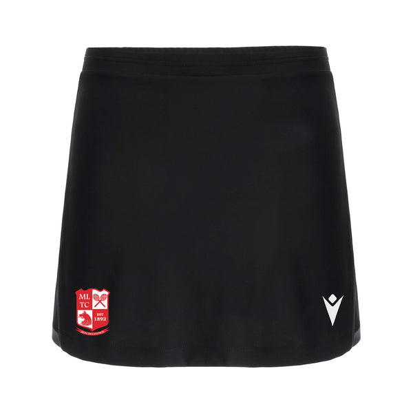 A photo of the Mitchelstown Tennis Club Junior Girls 'Inuit' Skort in Black with Club crest on Right Leg. Front view.