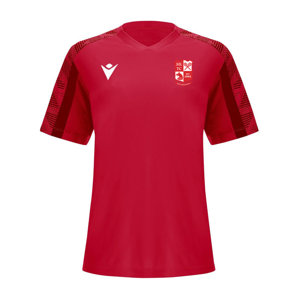 A photo of the Mitchelstown Tennis Club Macron 'Bellatrix' T-Shirt in Red with club crest on front chest.Front view.