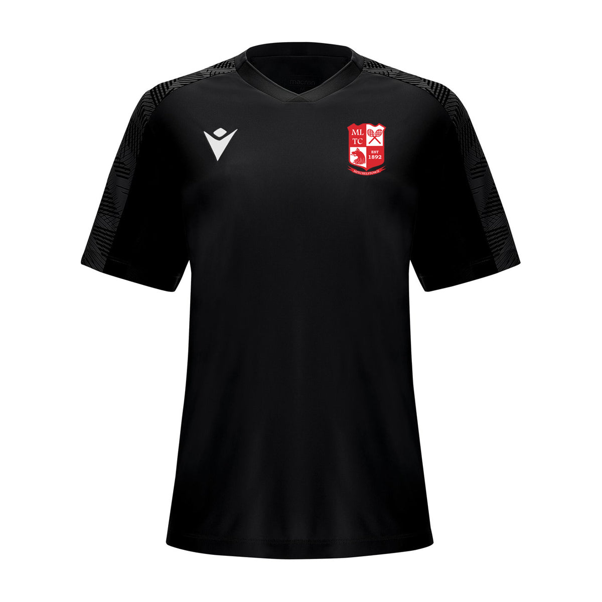 A photo of the Mitchelstown Tennis Club Macron 'Bellatrix' T-Shirt in Black with club crest on front chest.Front view.