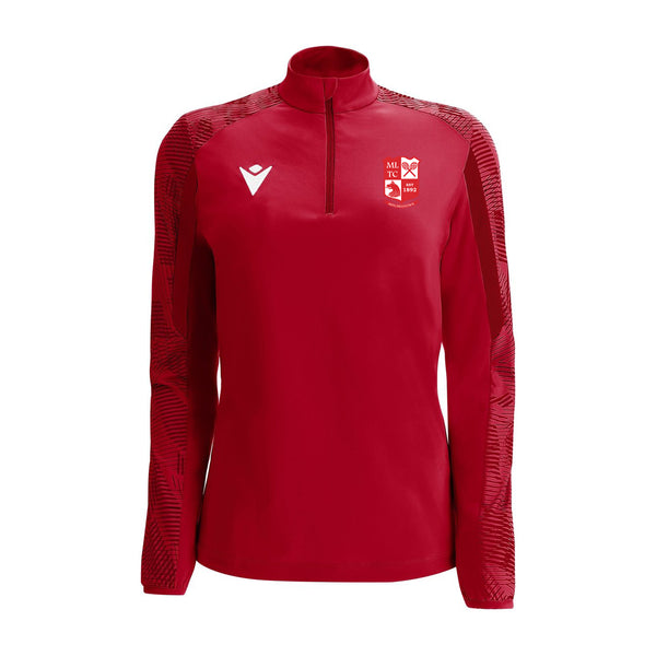 A photo of the Mitchelstown Tennis Club 'Dora' 1/4 Zip Top in Red with embroidered club crest on front chest. Front View.