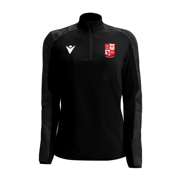 A photo of the Mitchelstown Tennis Club 'Dora' 1/4 Zip Top in Black with embroidered club crest on front chest. Front View.