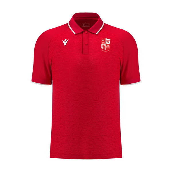 A photo of the Mitchelstown Tennis Club Junior Macron 'Aulos' Polo in red with club crested on left chest. Front view.