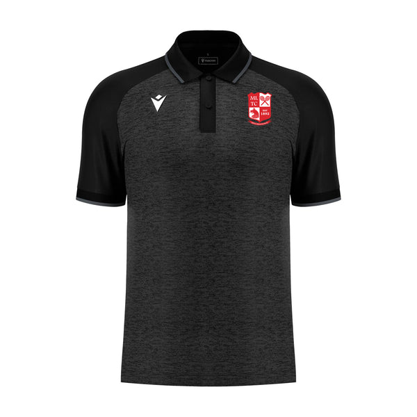 A photo of the Mitchelstown Tennis Club Junior Macron 'Aulos' Polo in black with club crested on left chest. Front view.