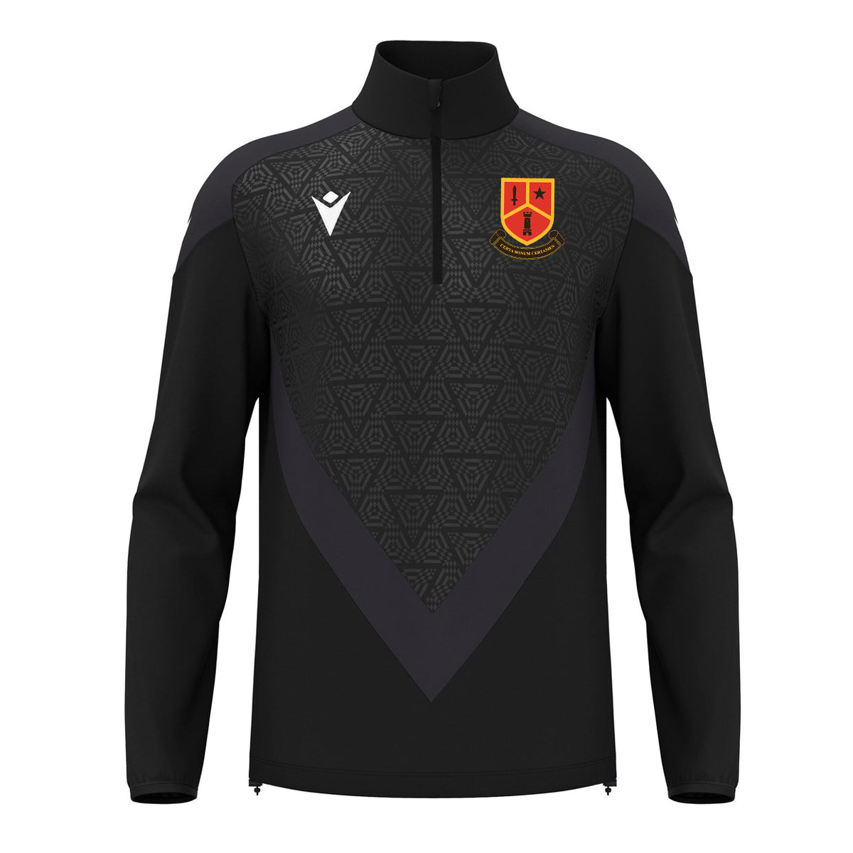 A photo of the CBC Monkstown Park Track Top in Black with school crest on left chest. Front view.