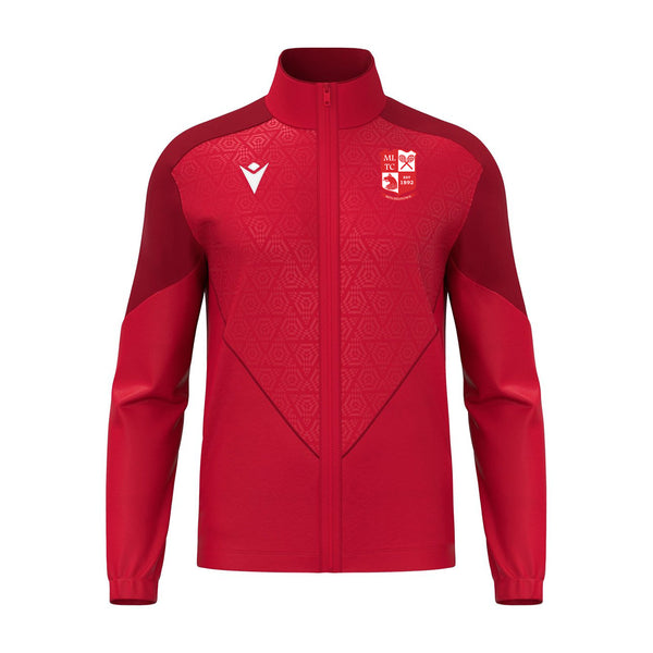 A photo of the Mitchelstown Tennis Club Macron 'Poseidon' Full Zip Track Jacket in Red with embroidered club crest on left chest.