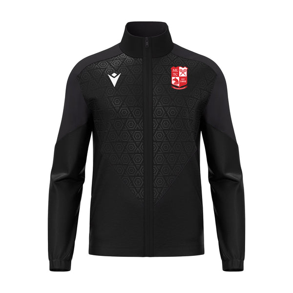 A photo of the Mitchelstown Tennis Club Macron 'Poseidon' Full Zip Track Jacket in Black with embroidered club crest on left chest.