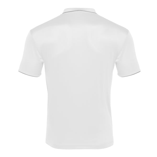 A photo of the Moate Tennis Club 'Draco' Polo Shirt in white. Back view.