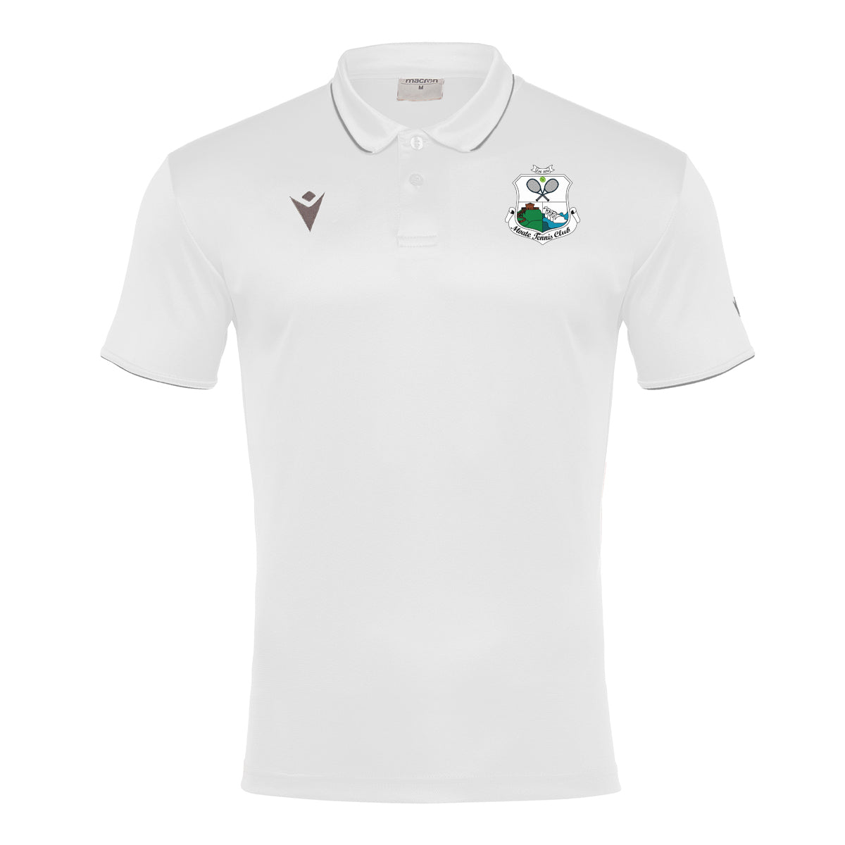 A photo of the Moate Tennis Club 'Draco' Polo Shirt in white with printed club crest on left chest. Front view.
