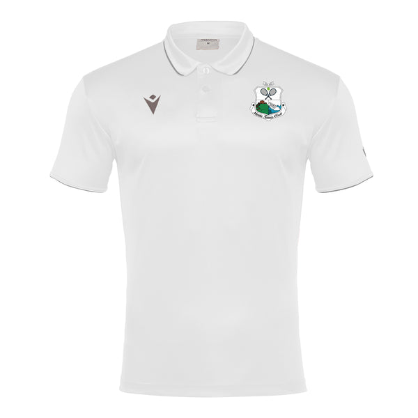 A photo of the Moate Tennis Club 'Draco' Polo Shirt in white with printed club crest on left chest. Front view.