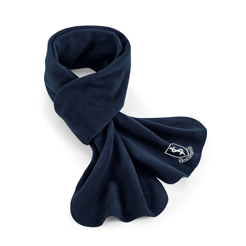 A photo of the John Scottus Primary School Scarf in French Navy with embroidered school crest.