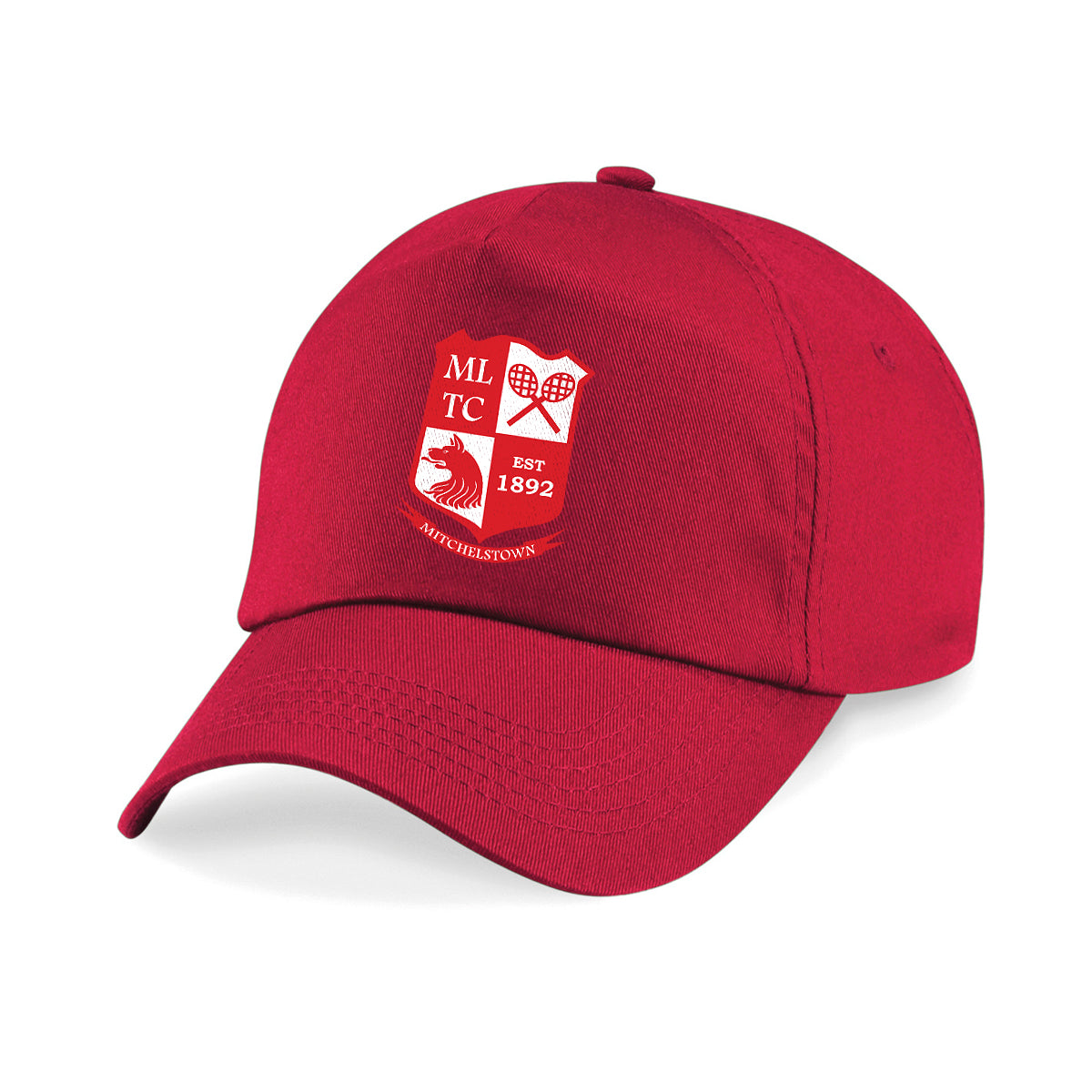 A photo of the Mitchelstown Tennis Club Baseball Cap in Red with Club Crest front center.