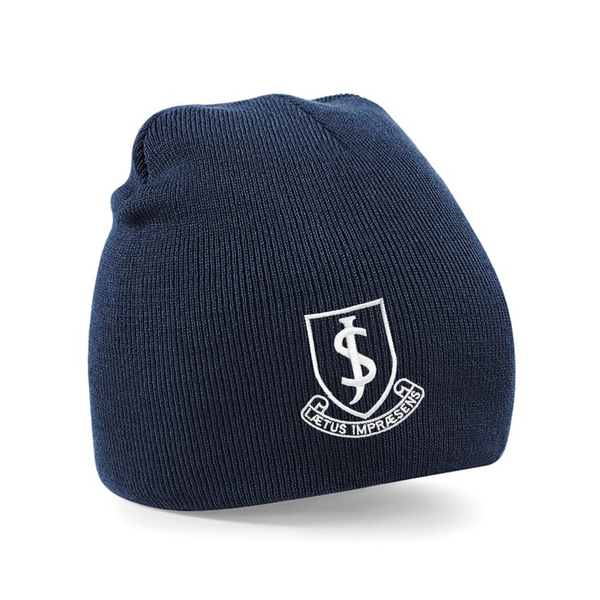 A photo of the John Scottus Primary Beaniein French Navy with embroidered crest on front center.