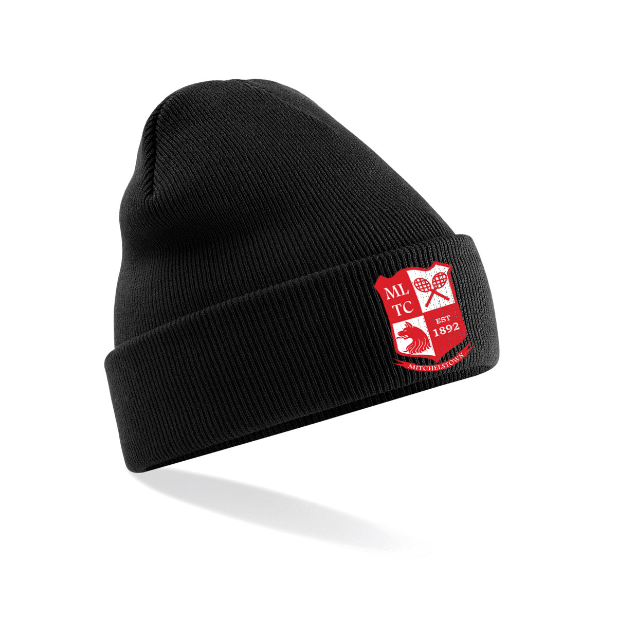 A photo of the Mitchelstown Tennis Club Beanie in Black with embroidered club crest front center.