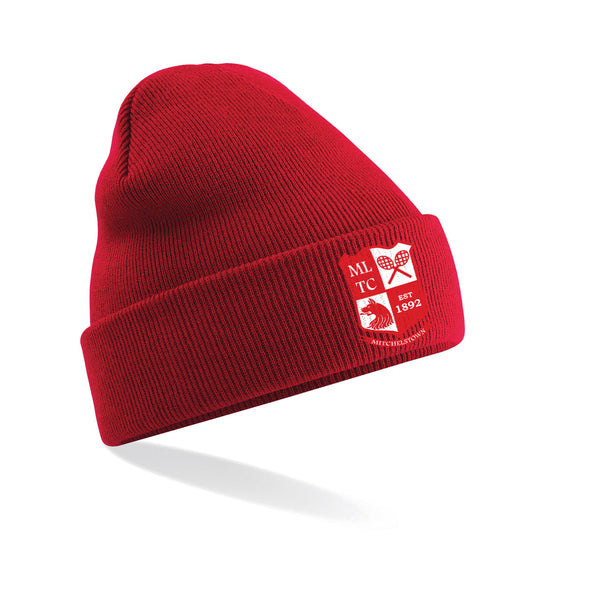 A photo of the Mitchelstown Tennis Club Beanie in Red with embroidered club crest front center.