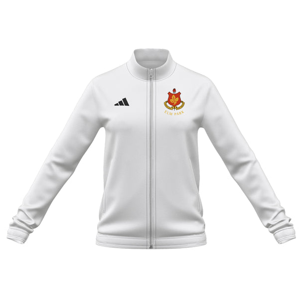 A photo of the Elm Park Ladies Entrada 22 MTO Full Zip Jacket in White with embroidered Club Crest on left chest. Front view.