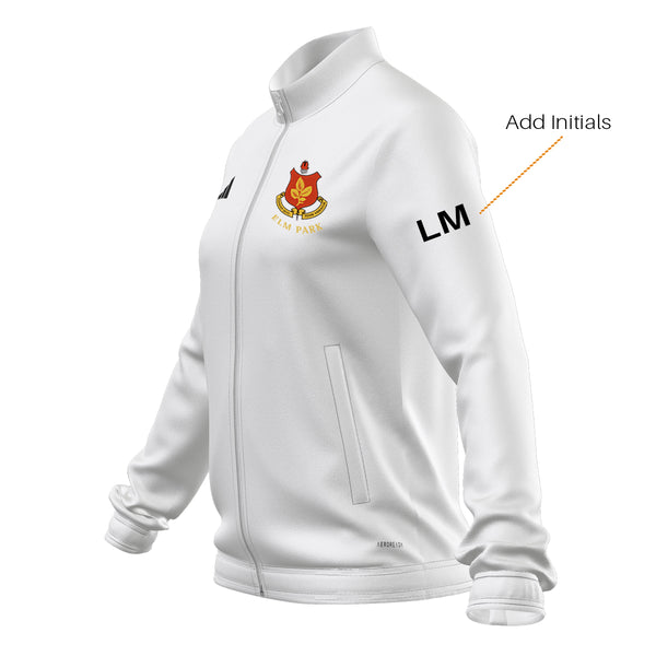 A photo of the Elm Park Ladies Entrada 22 MTO Full Zip Jacket in White with embroidered Club Crest on left chest, with a visual of initials on left sleeve. Side view.