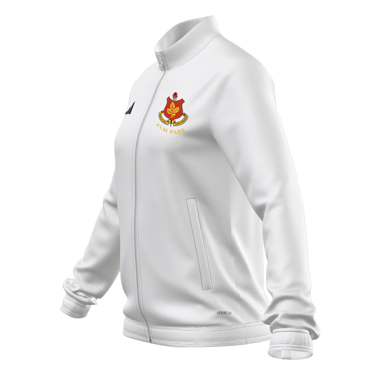 A photo of the Elm Park Ladies Entrada 22 MTO Full Zip Jacket in White with embroidered Club Crest on left chest. Side view.
