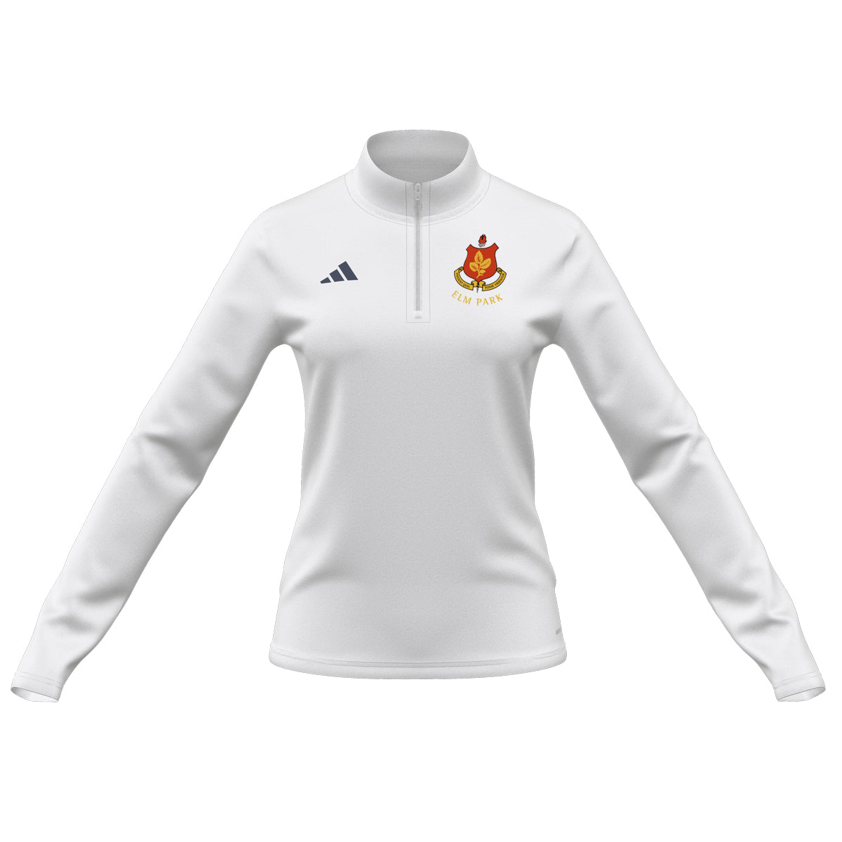A photo of the Elm Park Ladies Ent 22 MTO 1/4 Zip Top in White. Front View.