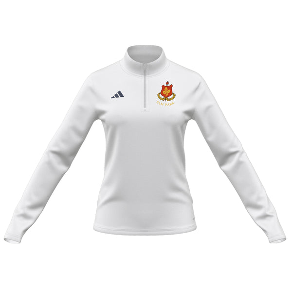 A photo of  the Elm Park Ladies Ent 22 MTO 1/4 Zip Top in White. Front View.