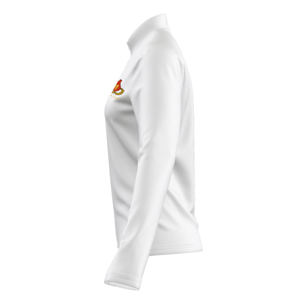 A photo of the Elm Park Ladies Ent 22 MTO 1/4 Zip Top in White. Side View.