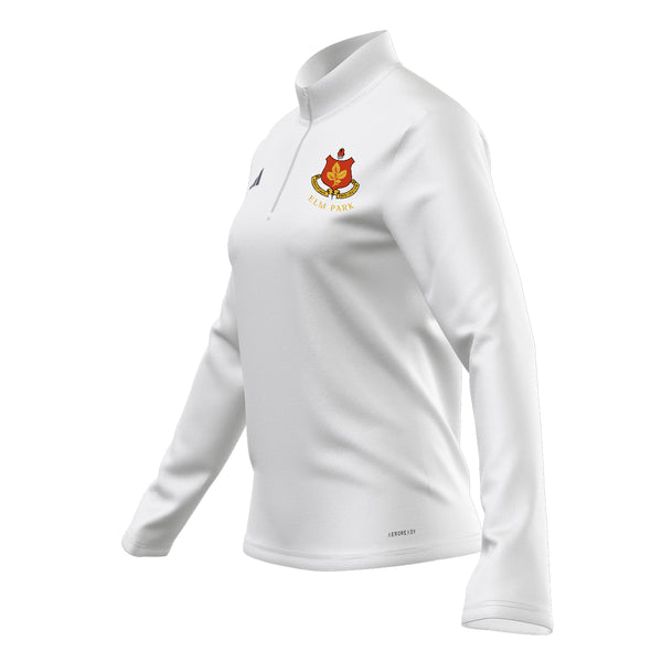 A photo of  the Elm Park Ladies Ent 22 MTO 1/4 Zip Top in White. Right View.