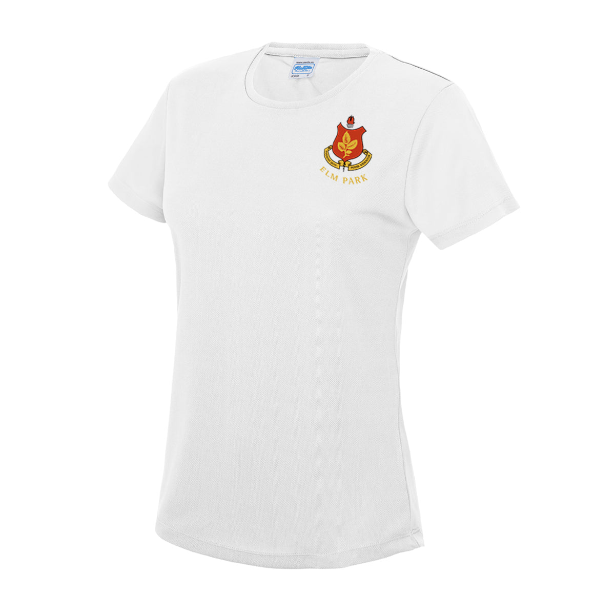 A photo of the Elm Park Ladies T-Shirt in White with Elm Park Club Crest on left chest.