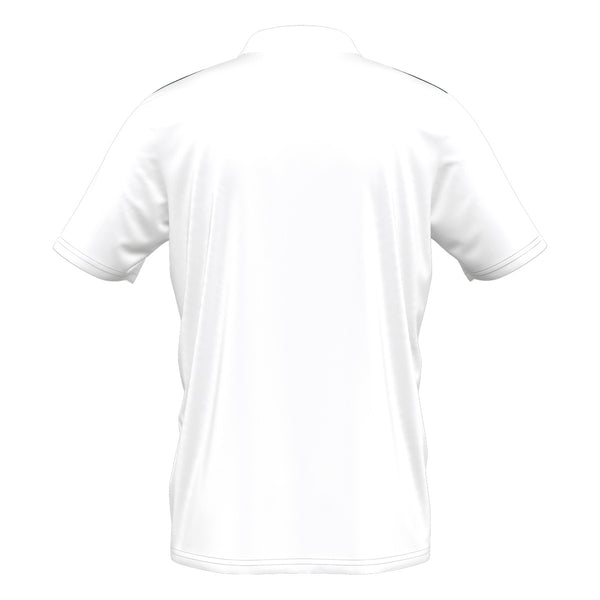 A photo of the Elm Park Mens Entry MTO Polo Shirt on White with Navy Stripes. Rear view.