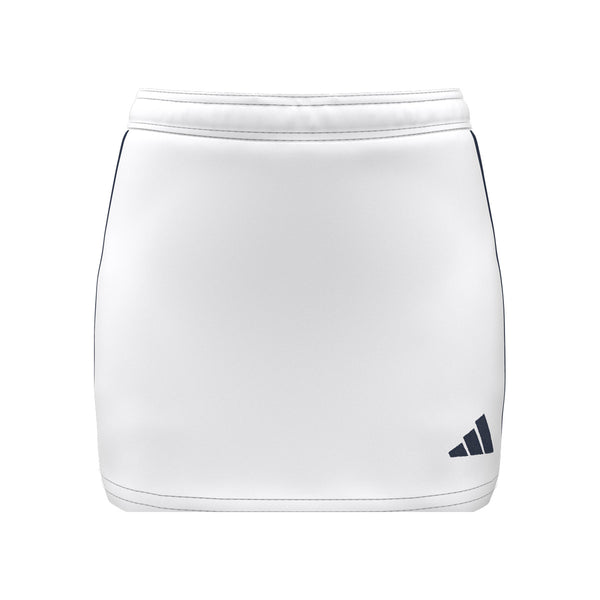 A photo of the Elm Park Adidas Entrada 22 MTO Skort in White with Navy Stripes & adidas logo, front view.