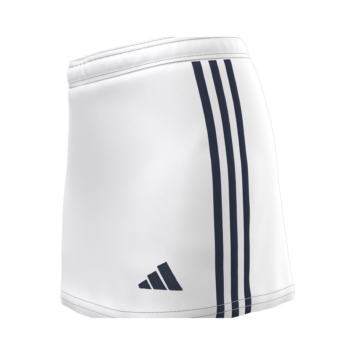 A photo of the Elm Park Adidas Entrada 22 MTO Skort in White with Navy Stripes & adidas logo, side view.