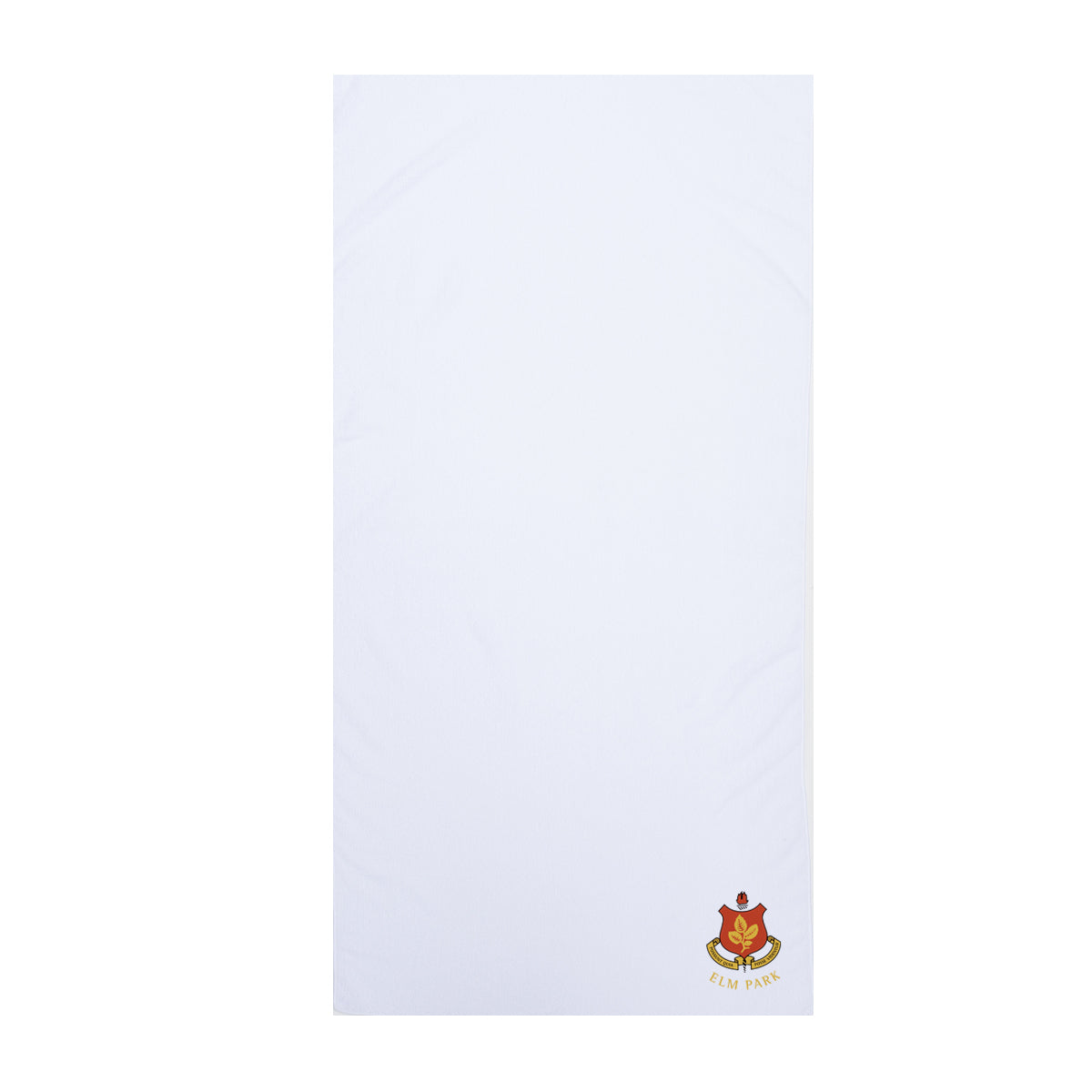 A photo of the Elm Park Tennis Club Microfibre Towel in White with embroidered cub crest bottom right corner.