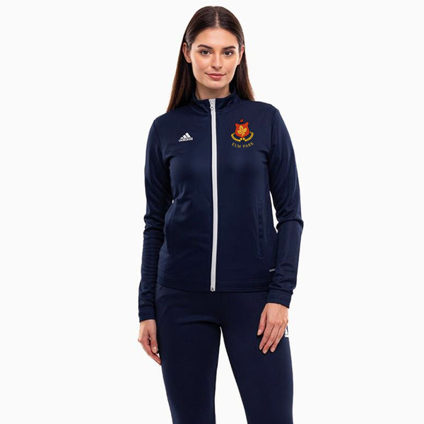 A photo of a model wearing the Elm Park Ladies Entrada 22 Full Zip Top in Navy, with white full length zip. Elm Park Tennis Club crest on left chest.