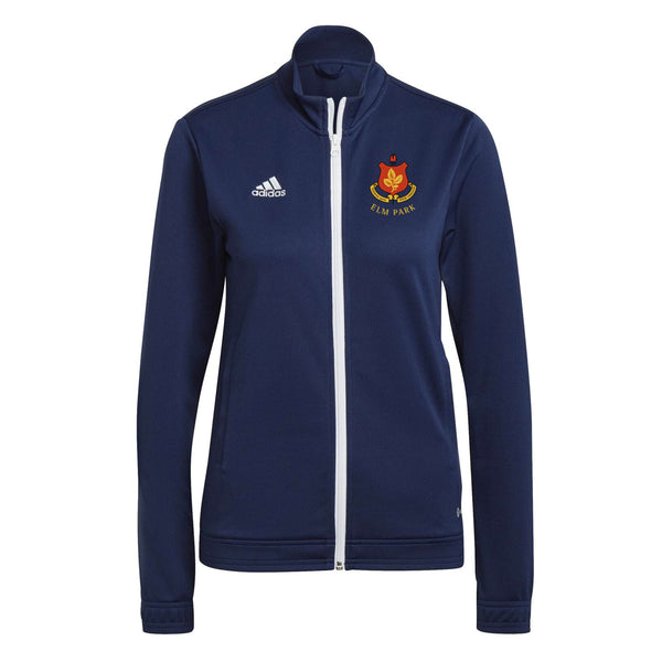 A photo of the Elm Park Ladies Entrada 22 Full Zip Top in Navy, with white full length zip. Elap Park Tennis Club crest on left chest.