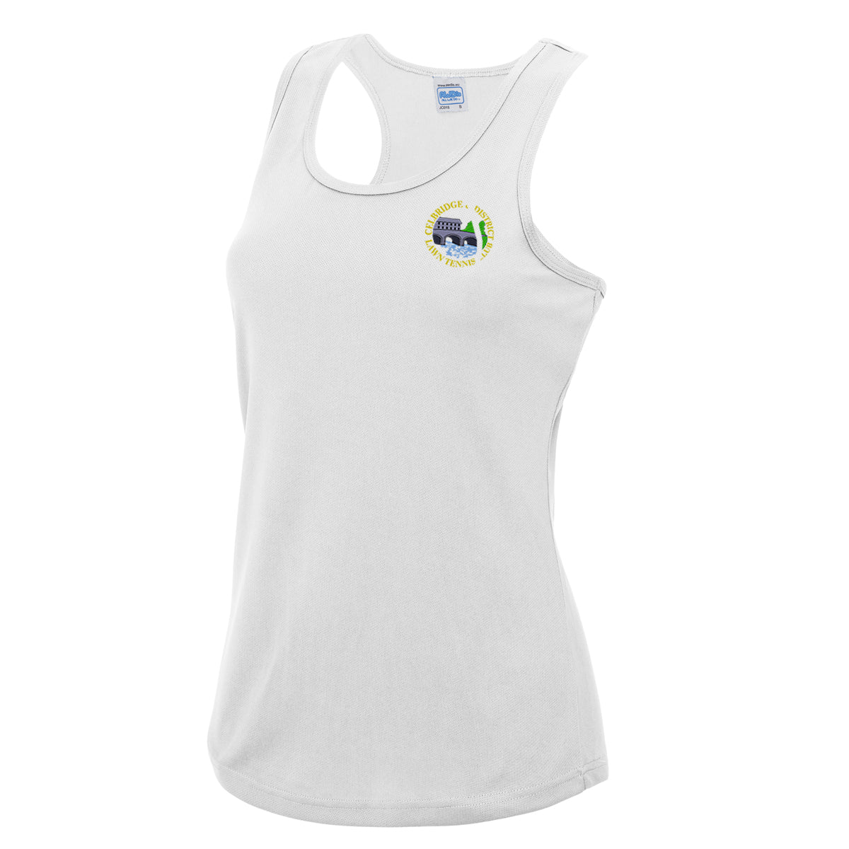 A photo of the Celbridge Tennis Club Ladies Singlet in White with club crest on left chest.