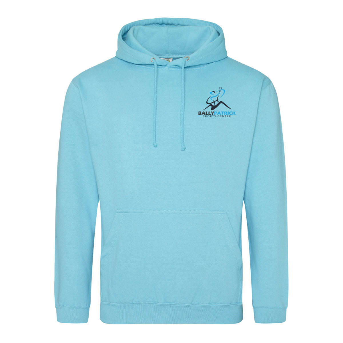A photo of the Ballypatrick Sports Centre Hoody in Turquoise Surf, with embroidered club crest on left chest.