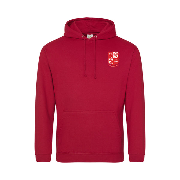 A photo of the Mitchelstown Tennis Club Hoody in Red with embroidered club crest on left chest. Front View