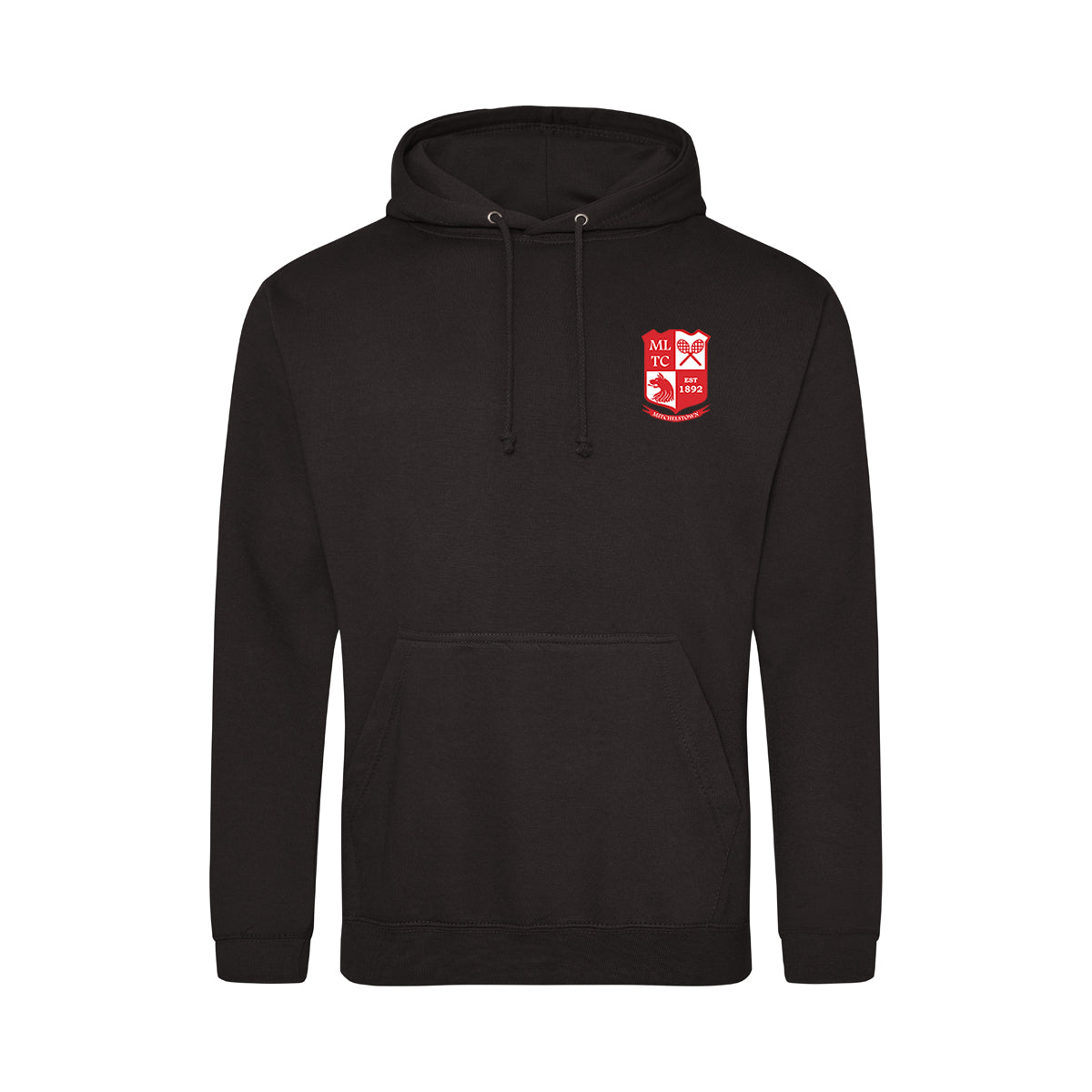 A photo of the Mitchelstown Tennis Club Hoody in Black with embroidered club crest on left chest. Front View
