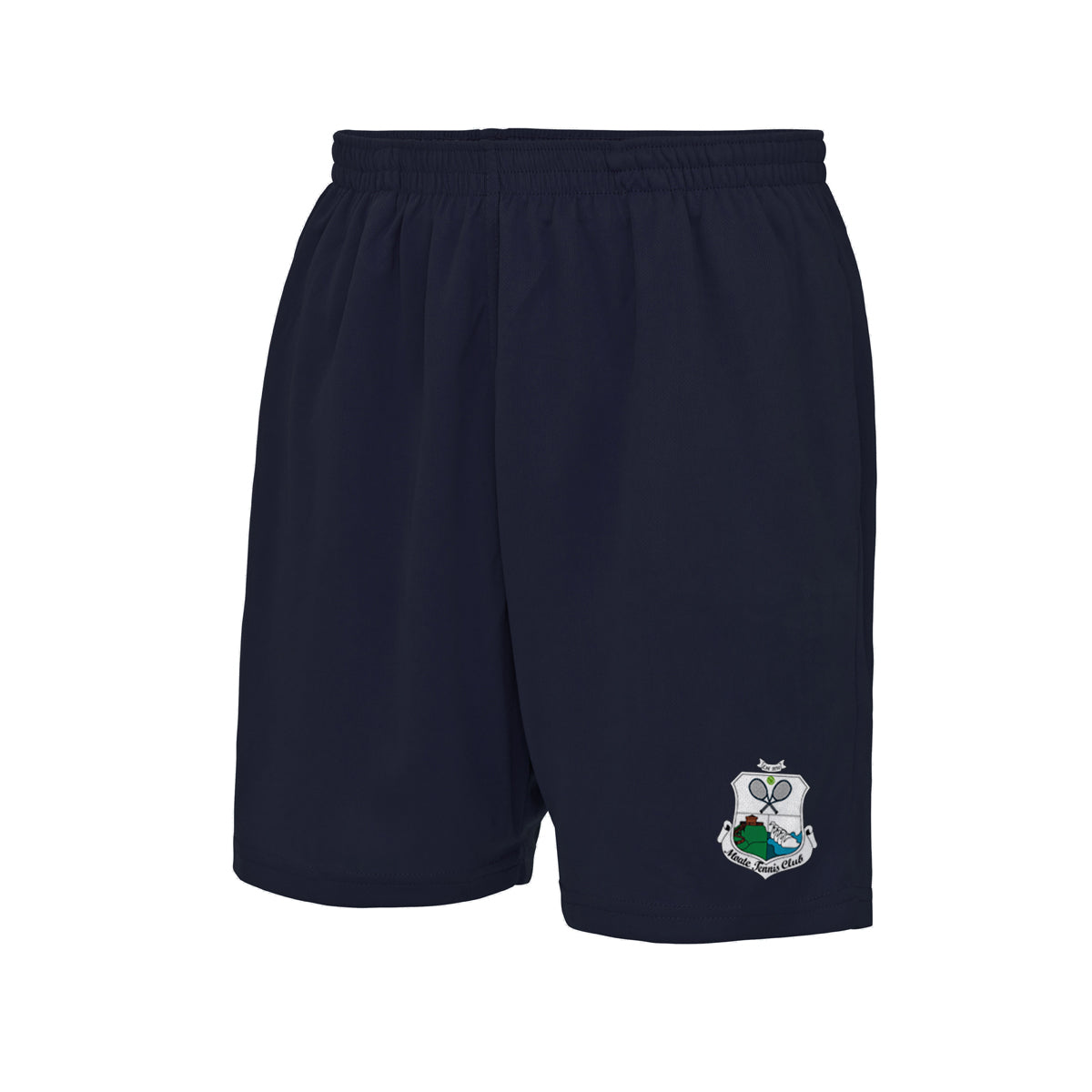 A photo of the Moate Tennis Club Short in Navy with printed club crest on left leg.