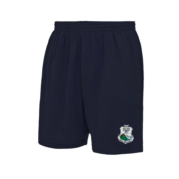 A photo of the Moate Tennis Club Short  in Navy with printed club crest on left leg.