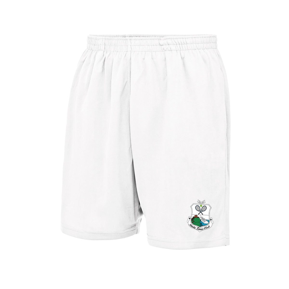 A photo of the Moate Tennis Club Short in White with printed club crest on left leg.