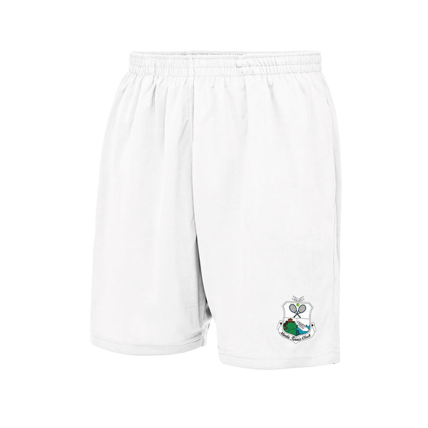 A photo of the Moate Tennis Club Short  in White with printed club crest on left leg.