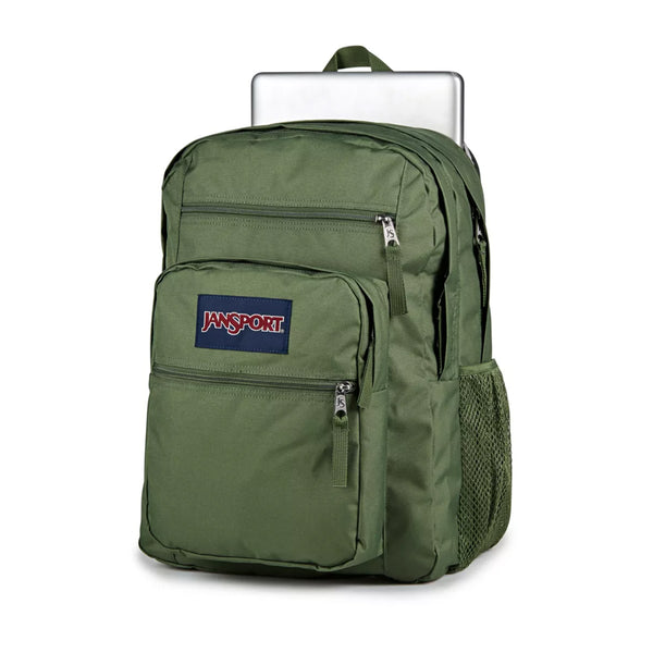 A front view photo of the JanSport Big Student Backpack in Cargo Green. Photo  also highlights laptop storage option in back pocket compartment.